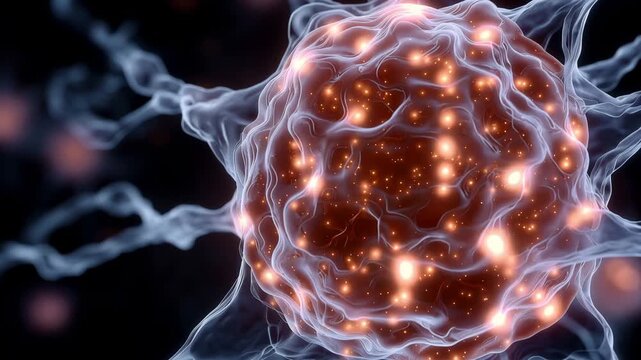Biomedical Visualization of Active Cancer Cell in Molecular Environment cinematic 3D render of a large red cancer cell suspended in a microscopic biological environment filled wit 4K