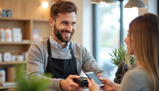 Smiling man with beard in apron takes payment with card reader. Woman pays with smartphone using contactless tech. Friendly retail interaction in store.