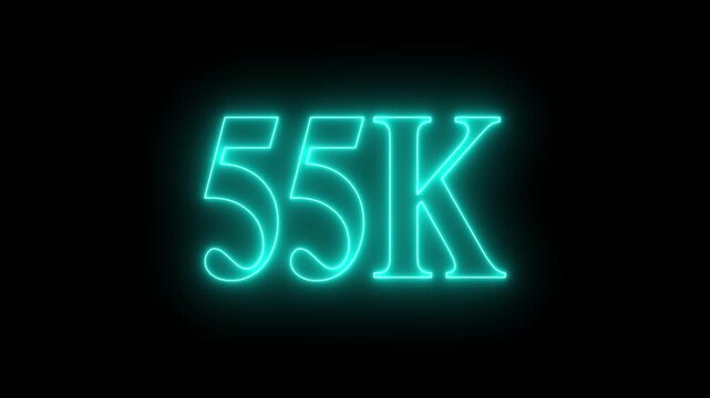 55K subscribers milestone neon sign glowing blue light motion video footage 4k cinematic clip, Neon 55K Text Glowing Effect, Animated Numbers, Motion Graphics Footage 4K