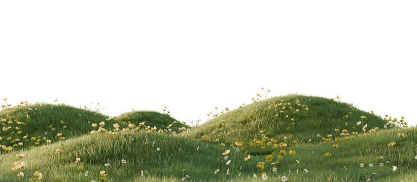A green hill blooming with yellow and blue flowers in spring. 3D rendering.	