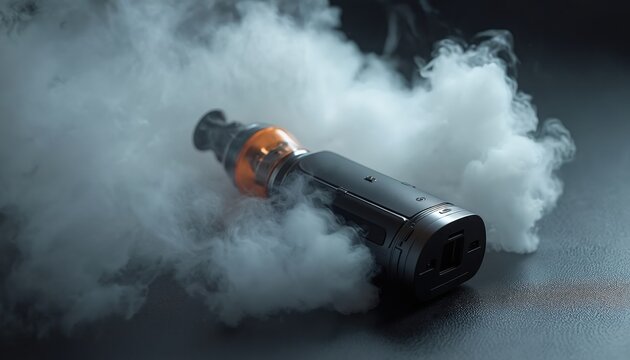 Modern electronic cigarette device emits thick clouds of vapor on dark surface. Advanced vape technology offers flavor, aromatic experience. Nicotine alternative for adults seeking trendy urban