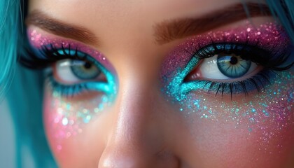 Obraz premium Woman with vibrant blue and pink glitter eye makeup applies cosmetic. Sparkle eyeshadow details on female face with blue eyes. Beauty studio macro shot.