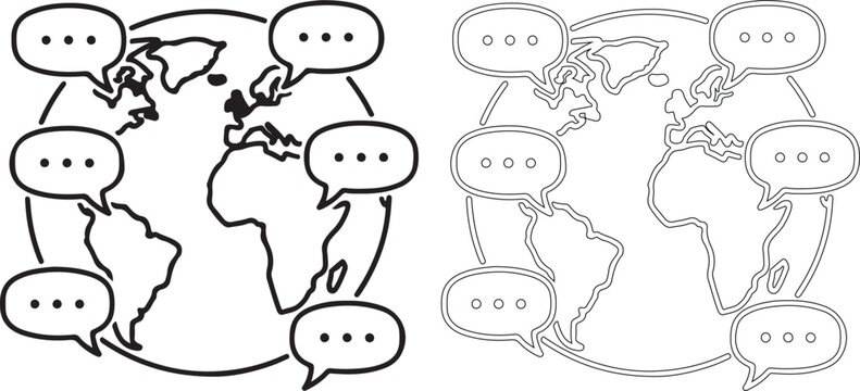 Black and white illustration of global communication with speech bubbles around the world