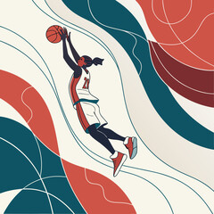Female basketball player leaping for a shot in dynamic abstract background © hiya