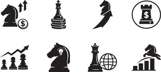 Chess knight icon set featuring strategic horse piece symbols for board game, competition, and planning. © MDSHAHIN