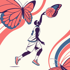 Dynamic basketball player slam dunking with vibrant butterflies illustration © hiya