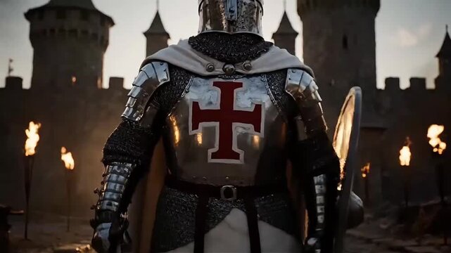 Medieval Templar Knight in Full Armor Walking from Stone Castle at Sunset