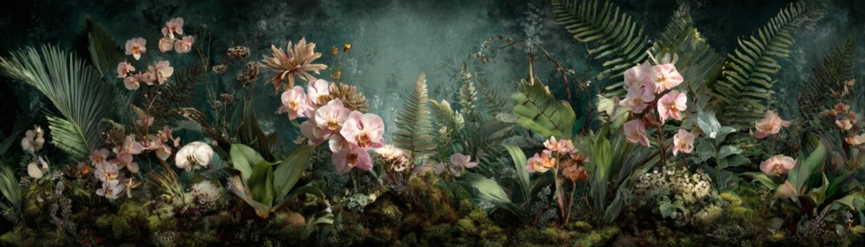 Enchanted Floral Tableau: A stunning composition of orchids and verdant foliage, evoking a sense of serenity. Capturing the exquisite beauty of nature's delicate artistry.