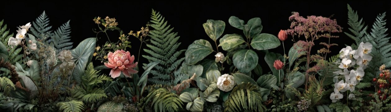 Floral Montage: A vibrant collection of exotic flora showcasing diverse shapes and textures. Captured against a dark background, this image of flourishing botanical life