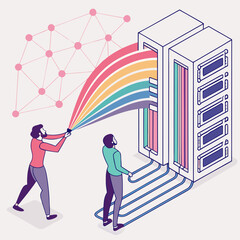 Isometric illustration of people transferring rainbow data stream from server rack to cloud network