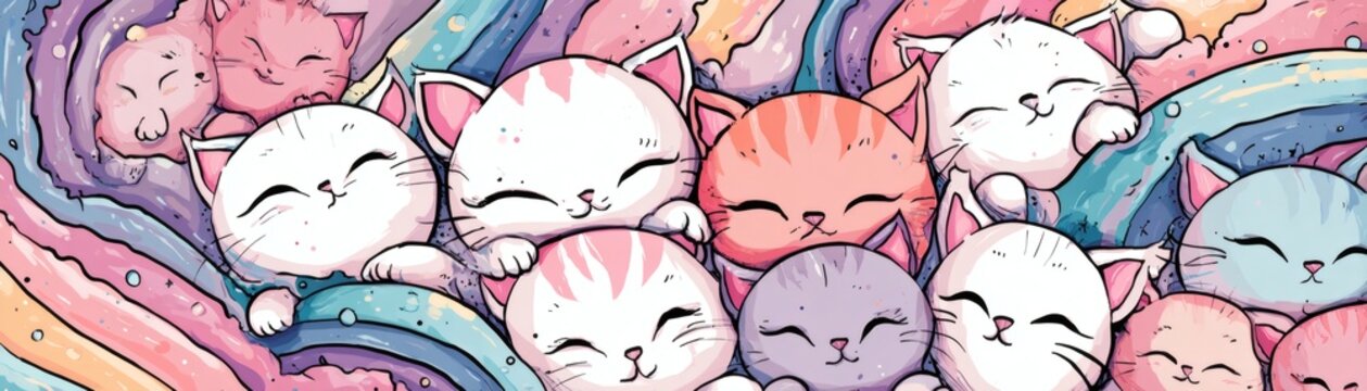 Rainbow Serenity: A whimsical illustration of a group of adorable kittens, nestled amidst a swirl of vibrant, pastel-colored rainbows, exuding a sense of pure serenity. 