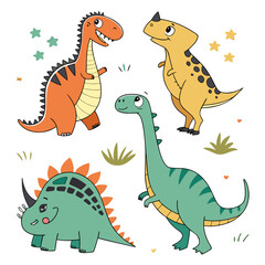Collection of four happy cartoon dinosaurs: tyrannosaurus rex, triceratops, brontosaurus, and pterodactyl characters © hiya