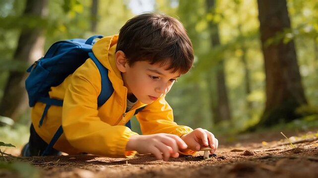 A young boy in a yellow jacket and blue backpack crawls on the forest floor, closely observing a small mushroom in a sunlit woodland.

