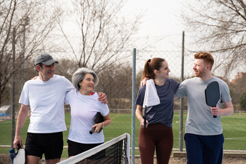 Naklejka premium Four happy people walking on a pickleball court after playing a game, enjoying time together