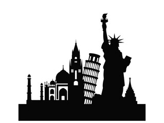 Fototapeta premium Black silhouette of world famous landmarks, including Statue of Liberty, Pisa and Taj Mahal for travel concept