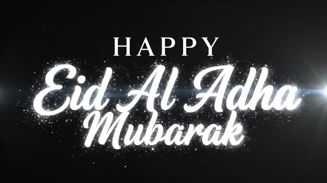 Happy Eid Al Adha Mubarak glowing text on black background