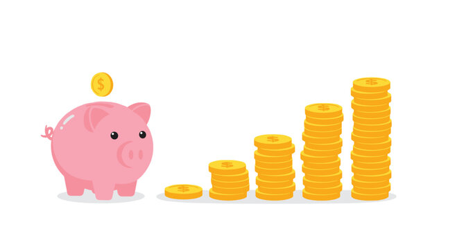 A pink piggy bank receives a gold coin while five progressively taller stacks of gold coins form a rising bar graph on a clean white background.