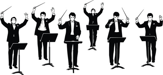 Orchestra conductor silhouette set showing conducting gestures with baton and music stand isolated vector illustration © alo999