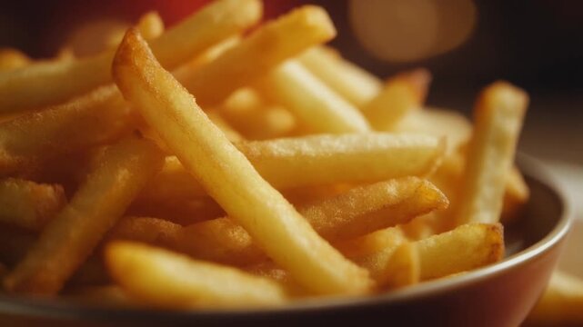 Crispy golden French fries served in a bowl, close-up view with detailed texture of fried potato surface, appetizing fast food concept