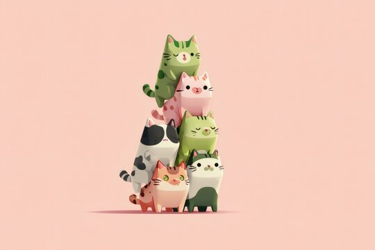 Whimsical Feline Pile: A playful stack of cute, cartoonish cats in various colors creates a delightful and charming composition, evoking joy and lightheartedness.