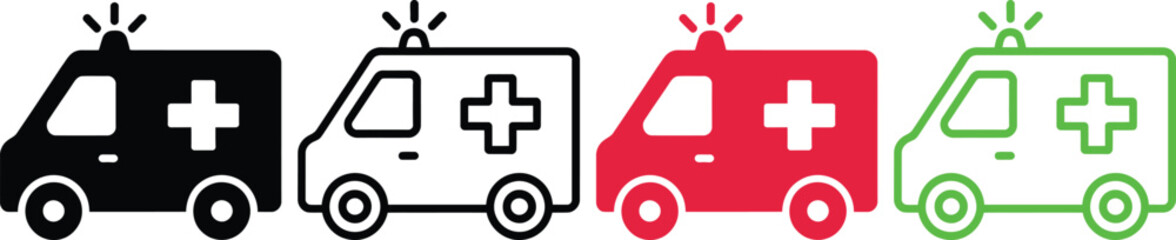 Four medical vehicles in different colors and styles lined up in a row. © candysartistry