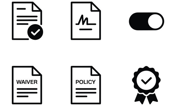Black and white vector illustration set of documents including waiver and policy with checkmark and toggle switch symbols for business and legal purposes