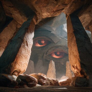 Ancient Guardians: Within a cavern, a colossal stone visage stares forth, its eyes aglow, radiating an aura of ancient power and timeless protection.