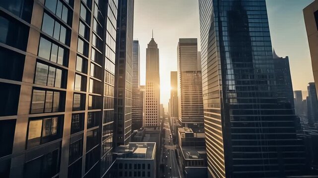 Urban cityscape bathed in the warm glow of the setting sun, highlighting the architectural grandeur of modern skyscrapers reaching towards the sky