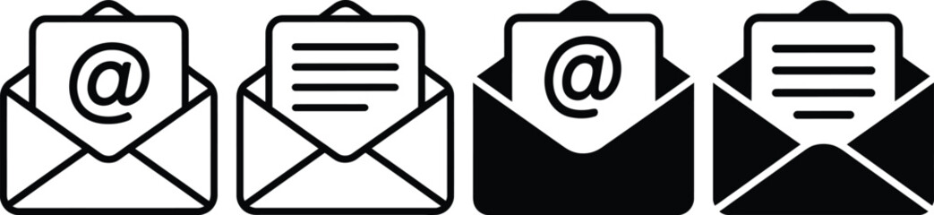 Four envelopes with symbols representing email and document attachments.