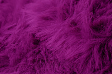 Detailed close up view of soft luxurious deep magenta shaggy faux fur fabric texture background