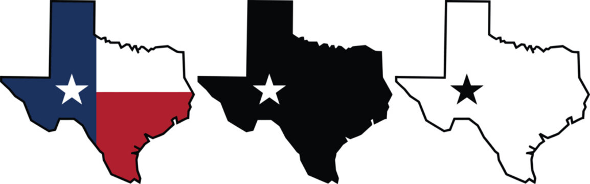 Three different colored outlines of the state of texas with a star in the center