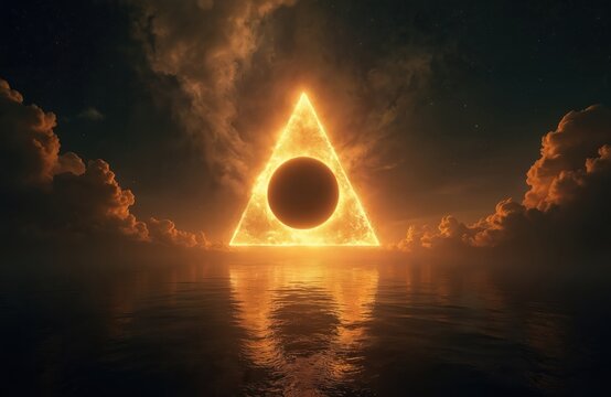 Abstract glowing triangle in cosmic space above water. Dark sphere or void within triangle emits light. Fiery clouds and starry sky surround.
