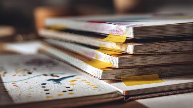 Notebooks and Sketchbook Stack: A collection of well-loved notebooks and sketchbook, their pages filled with artistic expression. This composition evokes creativity.
