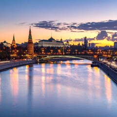 Fototapeta premium Cityscape at dusk, river reflecting buildings. Towers, bridge, glowing sky in background