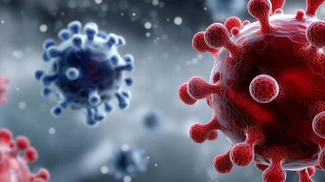 Microscopic Virus Particles in Dynamic Biomedical Environment 3D biomedical illustration of multiple virus-like particles floating in a bright clinical environment4K