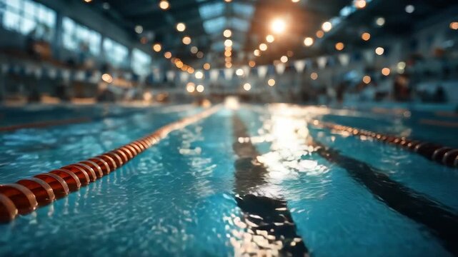 Blurred bokeh background of indoor swimming pool with diving boards and swimmers, out of focus image, swimming, sport, blue water, swimming lane