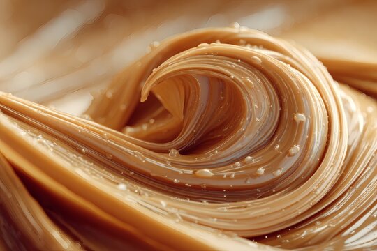 Swirling Peanut Butter: An artistic capture of smooth, golden peanut butter, exhibiting captivating swirls and textures, representing deliciousness.
