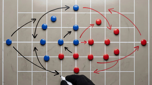 Top down view of a soccer tactical board displaying complex game formations with blue and red magnetic pieces and drawn arrows to illustrate team strategy and player coordination.