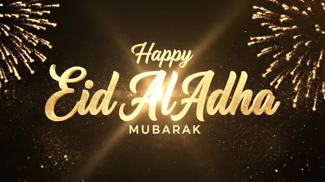 Happy Eid Al Adha Mubarak golden text on black background
