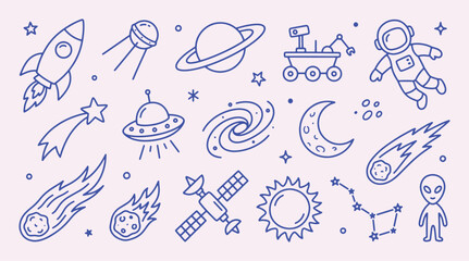 Obraz premium Space doodle collection with clean outline drawing. Rocket, astronaut, rover, planet, comet, satellite. Cute cosmic elements for education materials, kids coloring pages and science design.