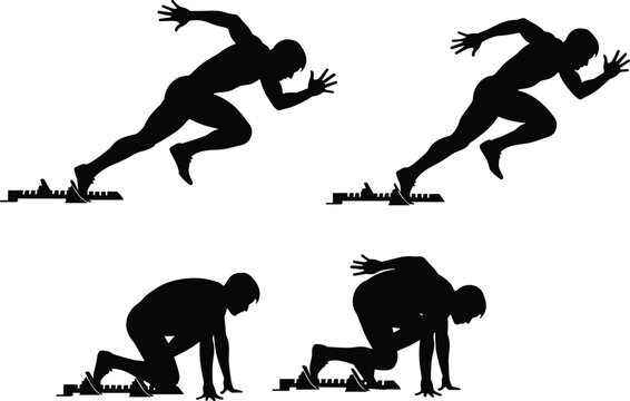 Sprinter silhouette vector illustration with starting block poses, running motion artwork, athletic design concept, track and field performance collection