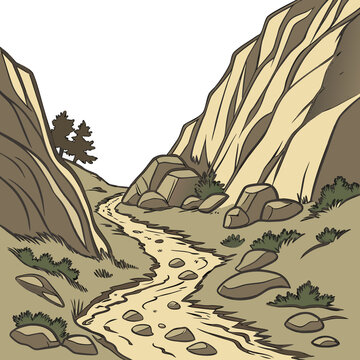 Aerial view rocky canyon path between steep hills