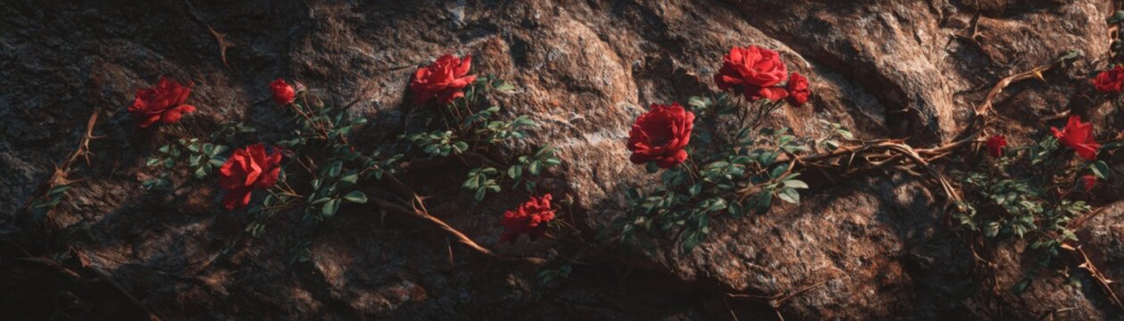 Scarlet Roses' Embrace: Vivid scarlet roses bloom gracefully against a textured backdrop, each petal a testament to nature's artistry. The image evokes romance and vitality.