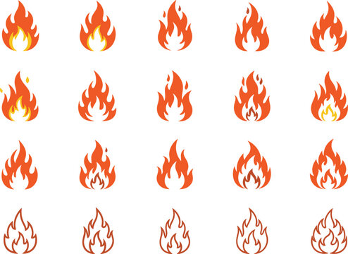 Stylized flame icons in grid arrangement, solid orange, simplified, and outline variations, fire symbol illustration for design and iconography