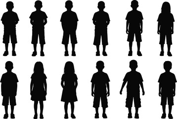 Vector illustration of children silhouettes in upright standing poses with diverse hairstyles and clothing symbolizing identity, diversity, culture, tradition, inclusivity, heritage, and education © Hafeza