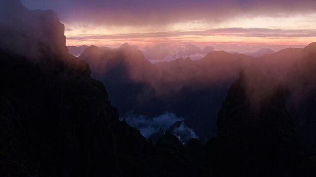 Mountains on sunset covered in fog and clouds with blooming Cytisus shrubs. Near Pico de Arieiro , Madeira island, Portugal
