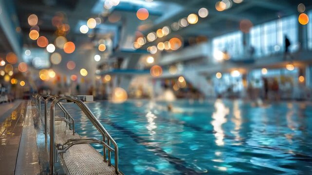 Blurred bokeh background of indoor swimming pool with diving boards and swimmers, out of focus image, swimming, sport, blue water, swimming lane