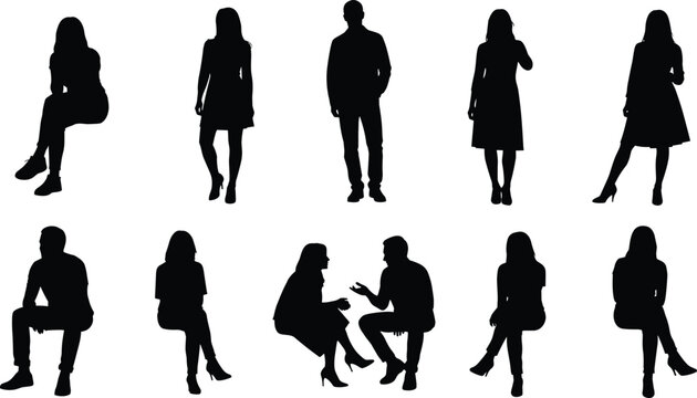 Vector illustration of human silhouettes in standing and seated conversational postures symbolizing social interaction, identity, diversity, culture, tradition, inclusivity, and education