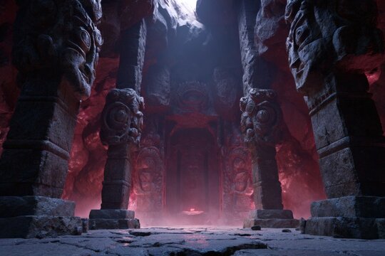 Ancient Temple's Enigma: A monumental edifice, its imposing columns and intricate carvings hinting at a long-lost culture, beckons with an air of mystery and arcane knowledge.