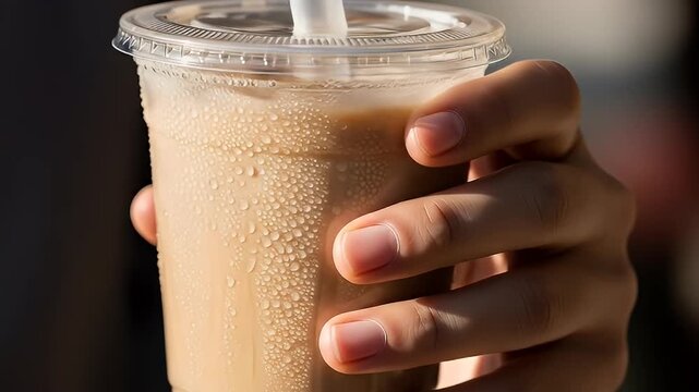 Hand holding a cold beverage with condensation, revealing tapioca pearls within